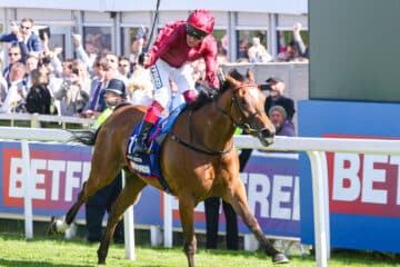 Epsom Ladies Day Soul Sister ridden by Frankie Dettori (Maroon) wins the Betfred Oaks on Ladies Day during the 2023 Derb