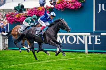 August 23, 2023, York, USA: Mostahdaf (3) ridden by Lanfranco Dettori wins the Juddmonte International Stakes (Group 1)